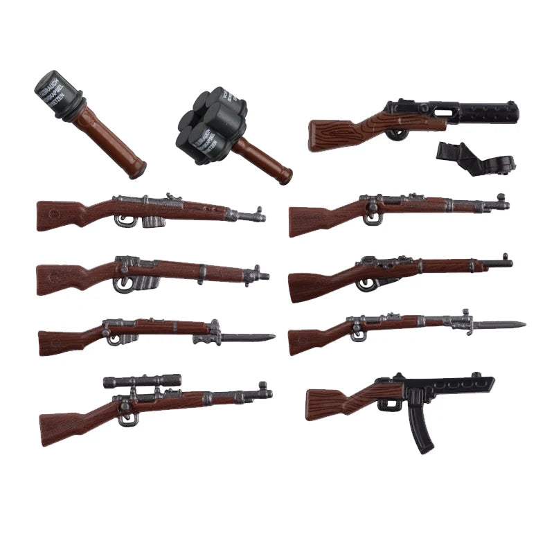 WW2 Military Accessories Wood Grain Guns Building Blocks Germany Soviet British Soldier Weapon Parts Rifle 98k Mini Bricks Toys
