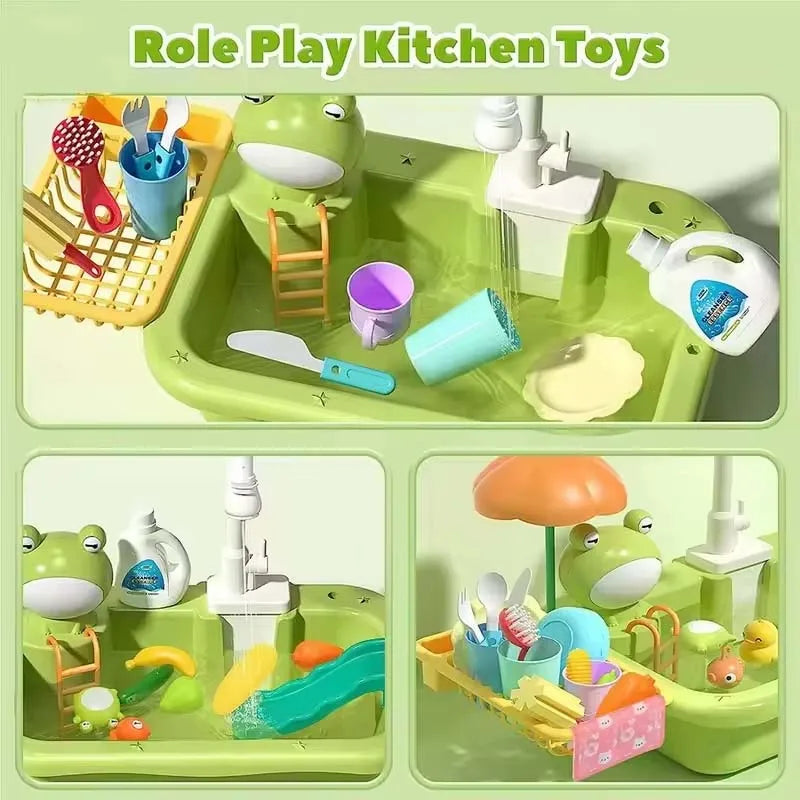 Kids Kitchen Sink Duck Toy Electric Dishwasher Play Set With Running Water Pretend Food Fisher Role Play Gift For Girls And Boys