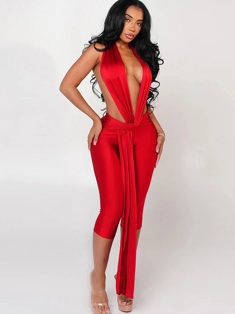 Sisterlinda Backless Halter Romper Women Ribbon Patchwork Sleeveless Elastic Workout Activewear Midnight Activity Slim Playsuits