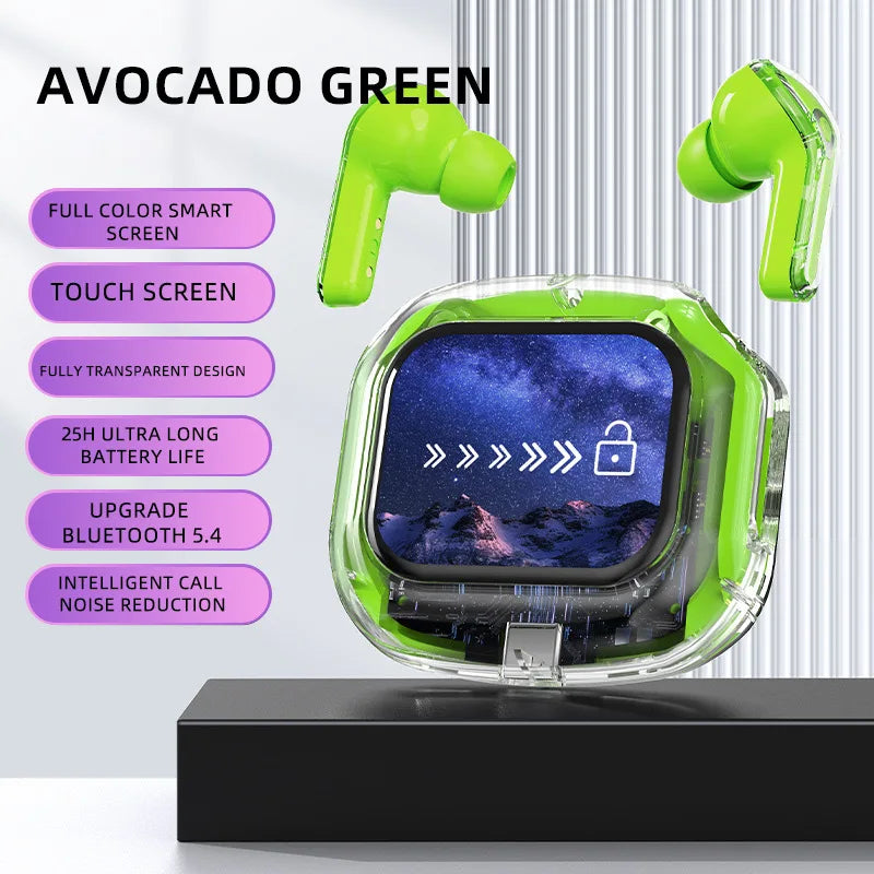 green Color TWS Bluetooth Earbuds With LCD Screen And Noise Cancellation