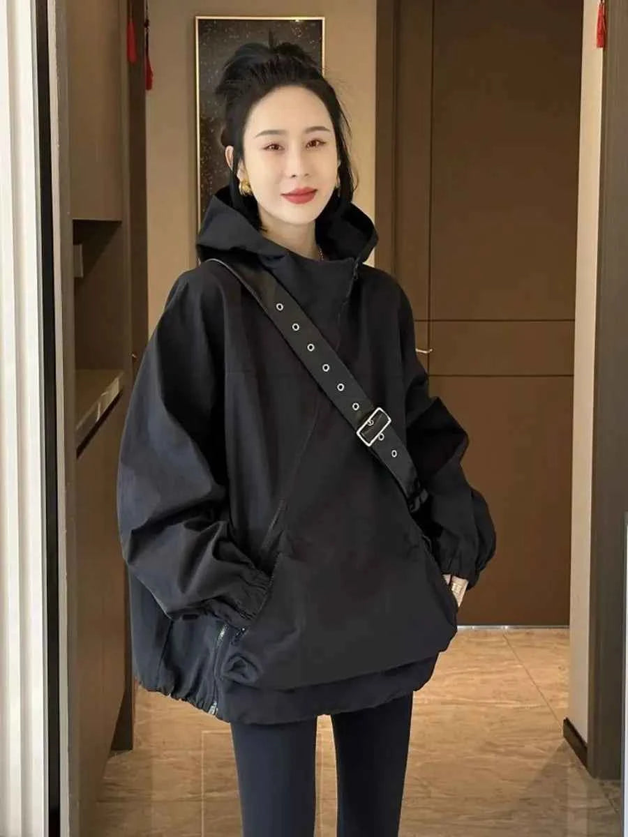 Women Hooded Jackets Diagonal Zipper Design Vintage Autumn Baggy Fashion BF Style Outdoor Chaqueta Mujer Leisure All-match Lady