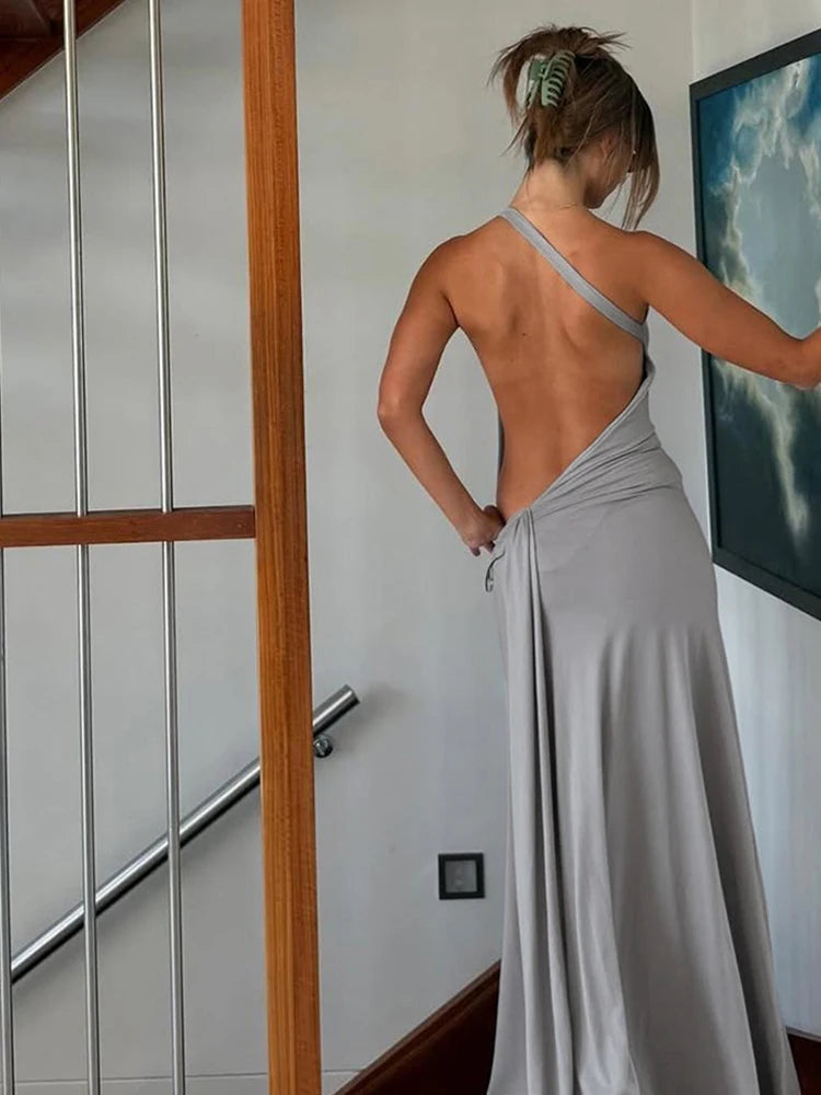 Kliou High Street Women Dresses Concise Incline Shoulder Ribbons Backless Sheath Maxi Vestidos Female Elegant Holiday Trend Robe