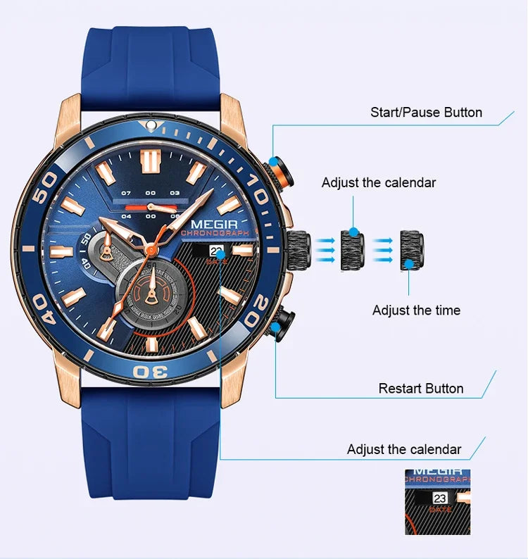 MEGIR Men Wristwatch Fashion Casual Quartz Date Watches Luxury Male Clock Chronograph Multifunctional 30M Waterproof Sport