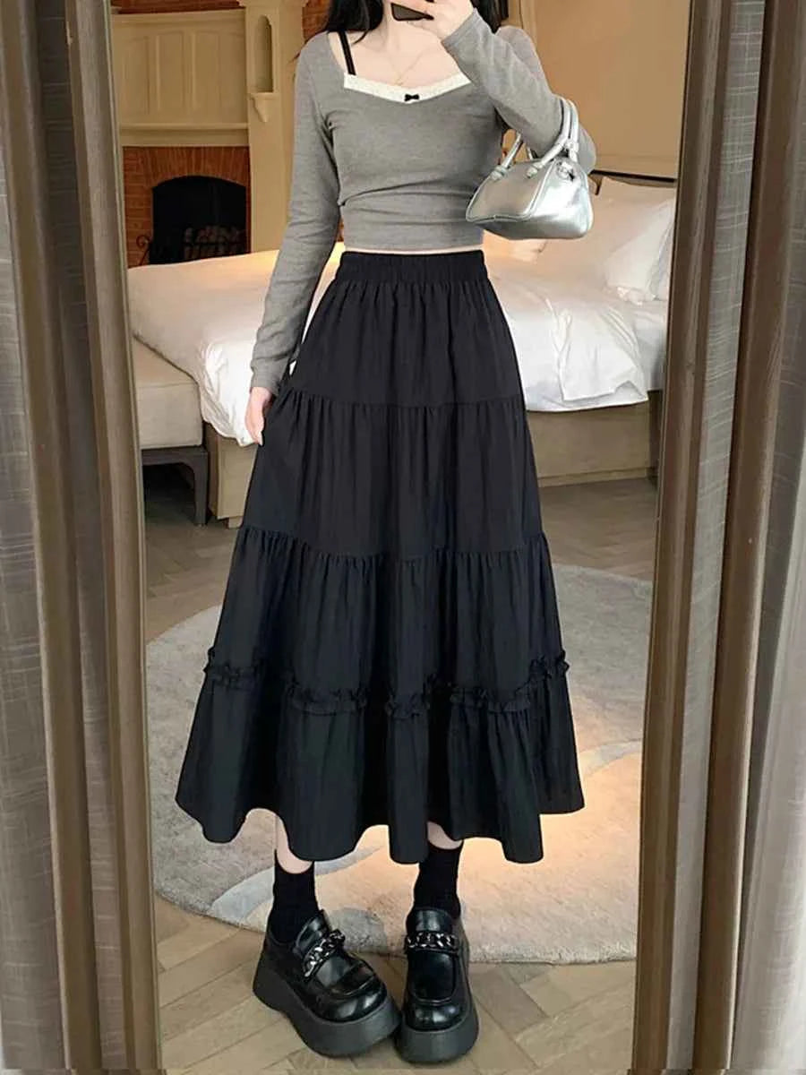 Matching Chic lady's white skirt sweet girls cake skirt elastic waist a line mid length flare skirt