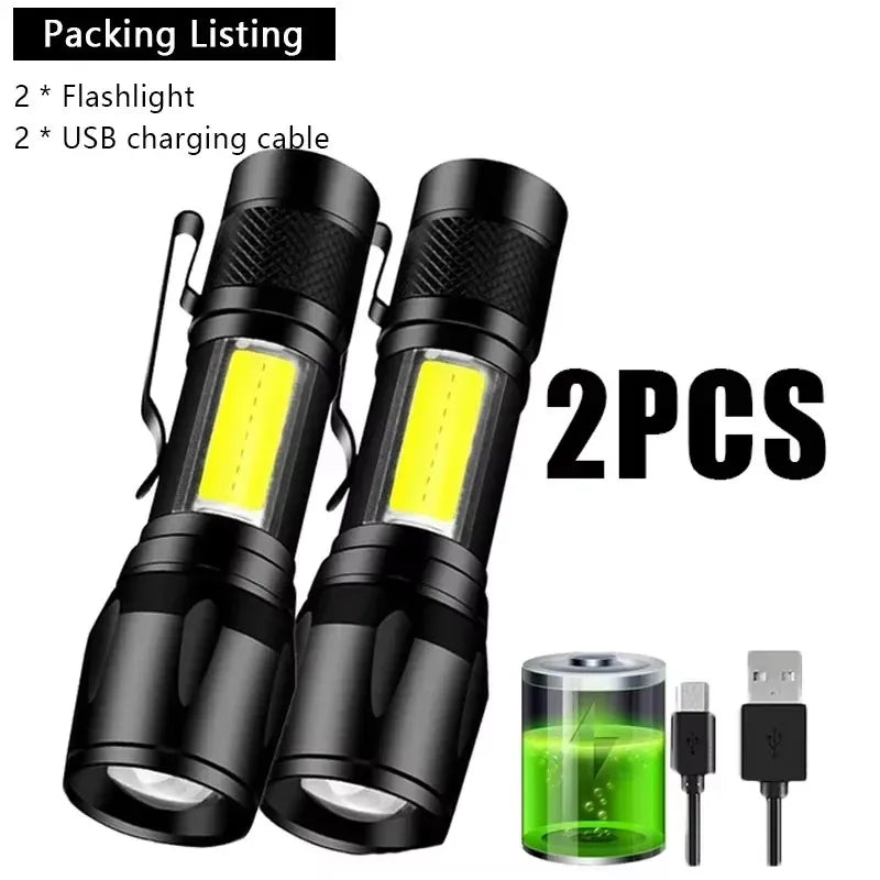 Rechargeable LED Pocket Flashlights with Pen Clip Zoom Mini Light 3 Lighting Mode with Side Lamp for Outdoor Camping Emer