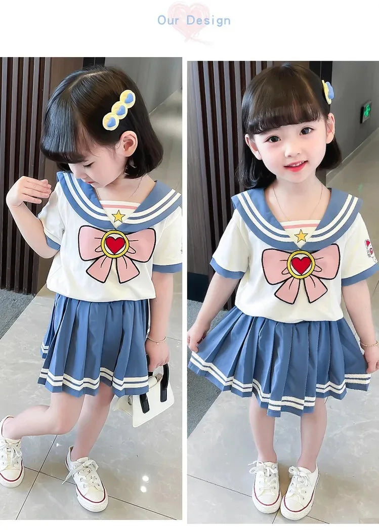 Baby Girls Clothes Sets Summer Bow Striped Tops Pleated Skirts Suits Cute Sailor Moon Cosplay Party Custume Children Clothes Set