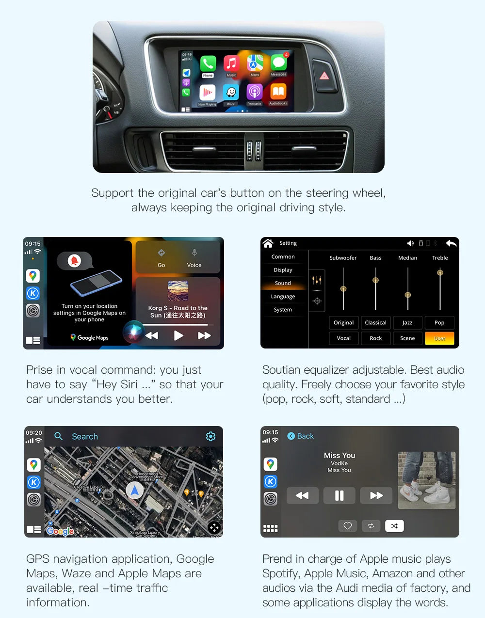 AUTOABC For Audi A4 B8 A5 Q5 S5 2009-2015 Wireless CarPlay Android Auto with mmi 3g with AirPlay Rearview Camera Mirror link