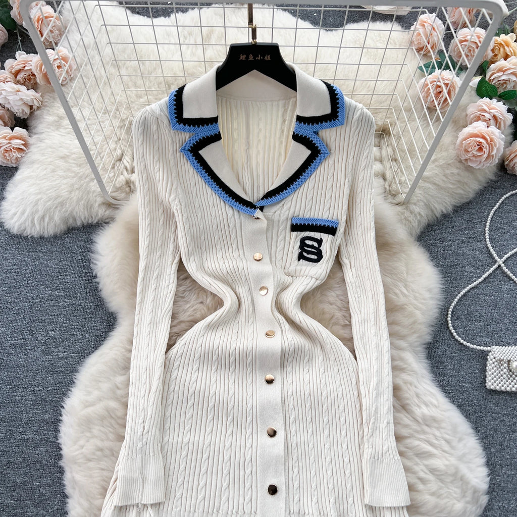 SINGREINY Autumn Winter Wear Dress Women Polo Single Breasted Pocket Design Bodycon Knitting Temperament Sweater Long Dresses