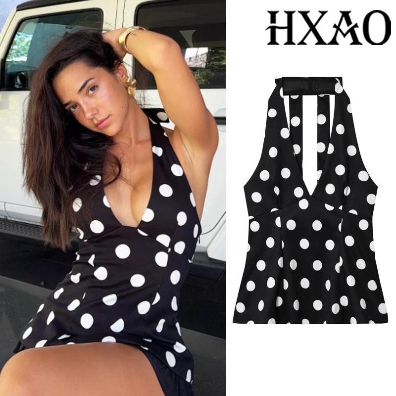 HXAO Black Polka Dot Tops For Woman Summer Women's Corset Crop Top Sleeveless Halter Top Women Bow Backless Sexy Top Party