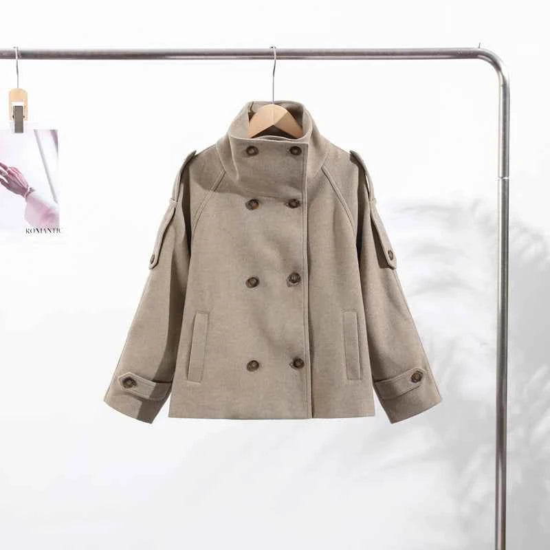 Elegant Women's Short Woolen Coats Stand Collar Double Breasted Long Sleeve Female Jacket 2025 Autumn Winter Lady Warm Outwear