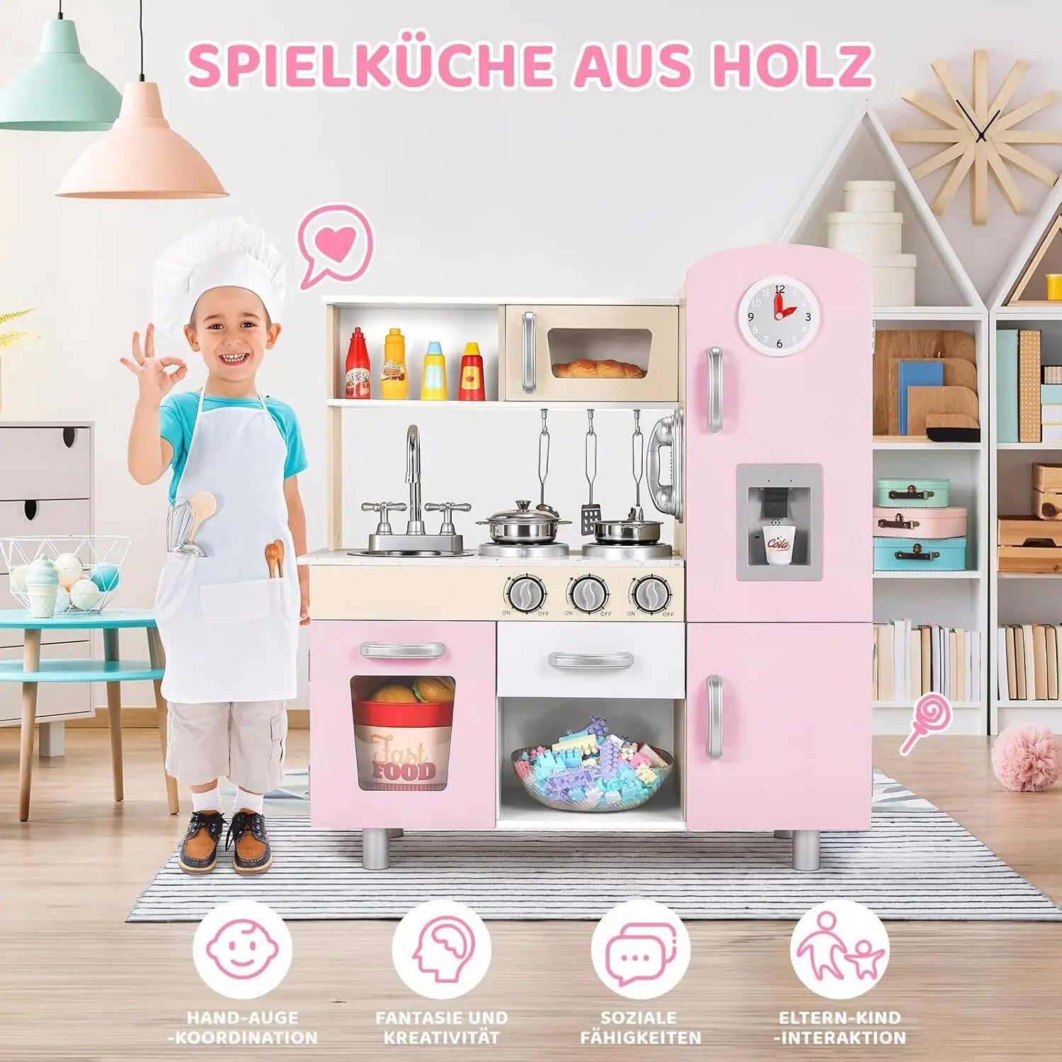 Wooden Play Kitchen Set Pretend Play Kitchen with Lights and Sounds for Kids Ages 3+, Includes Stove Oven Microwave Coffee Maker