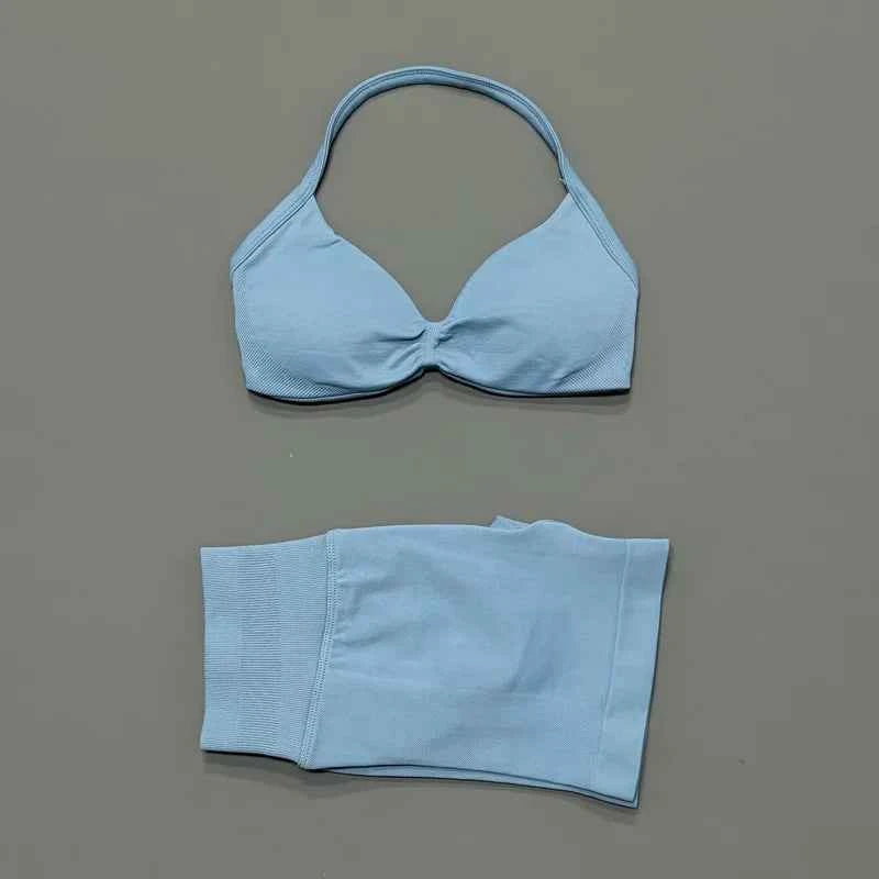 HISTELLO Gym Set 2 Piece Women Strappy Yoga Bra Top Workout Scrunch Shorts Sports Suit Fitness Clothes Seamless Yoga Set
