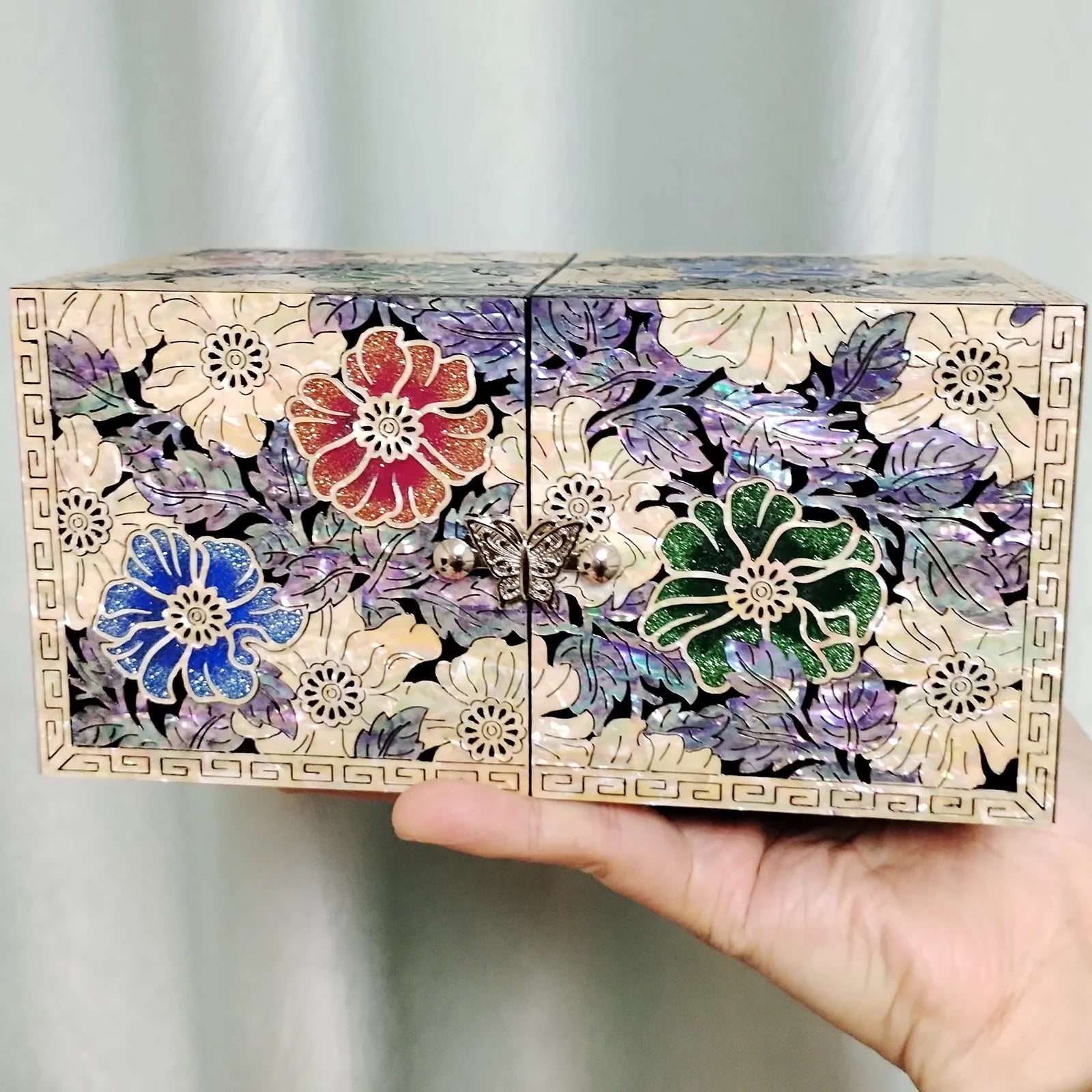 Mother of Pearl Travel Lacquer Wood Drawer Jewelry Ring Earrings Chest Box Case Sea Shell Inlaid Wooden Cube Jewelry Organizer