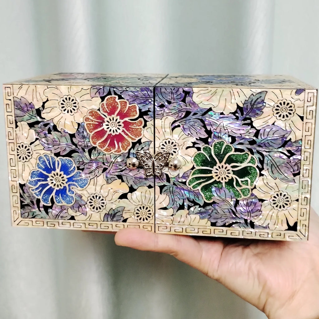 Mother of Pearl Travel Lacquer Wood Drawer Jewelry Ring Earrings Chest Box Case Sea Shell Inlaid Wooden Cube Jewelry Organizer
