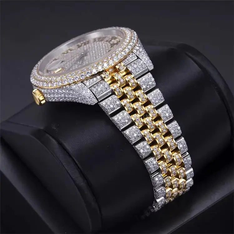 Iced Diamond Men's Luxury Watch Stainless Steel Band Roman Numeral Analog Quartz 40mm Round Case Sapphire Crystal Deployment