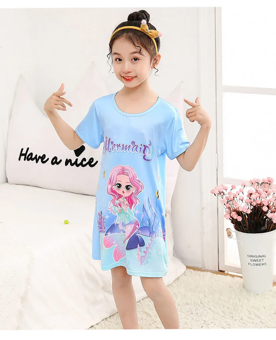 Girl Mermaid Dress Children Short Sleeve Summer Princess Dress Breathable Cartoon Print Girls Soft Silk Nightgown Kids Sleepwear