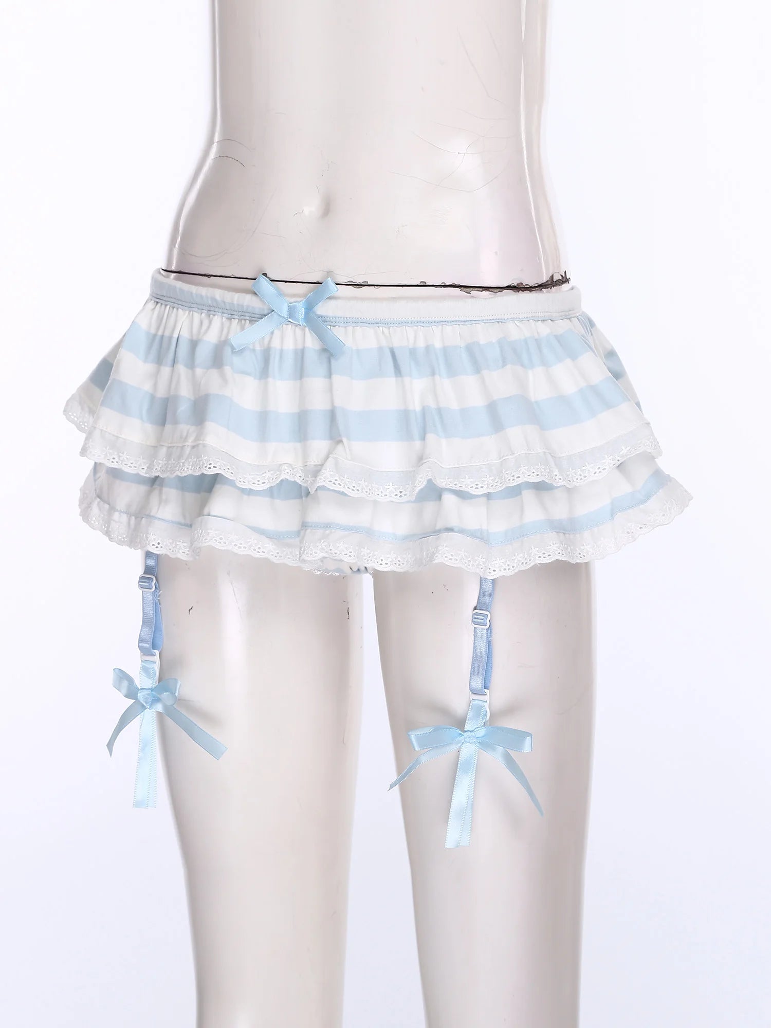 Women Anime-style Built-in Briefs Miniskirt with Garters Belt Culottes Cute Tiered Striped Hem with Lace Trim Bow Shorts Skirt