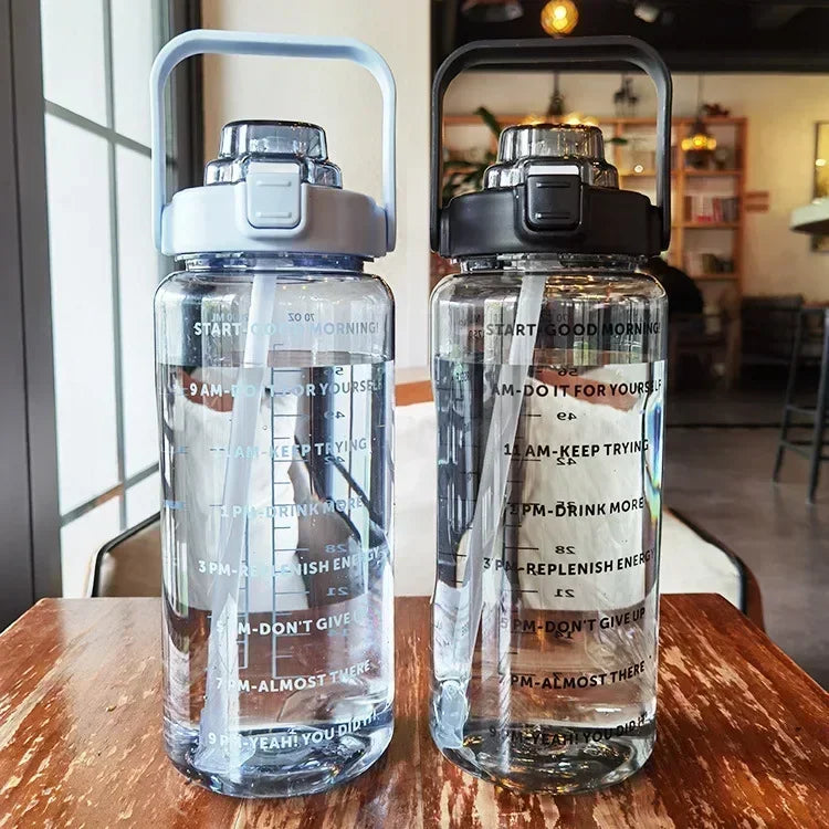 2L Water Bottle Portable Straw Plastic Water Cup for Outdoor Sports Fitness Adult High Value Big Fat Cup with Time Marker