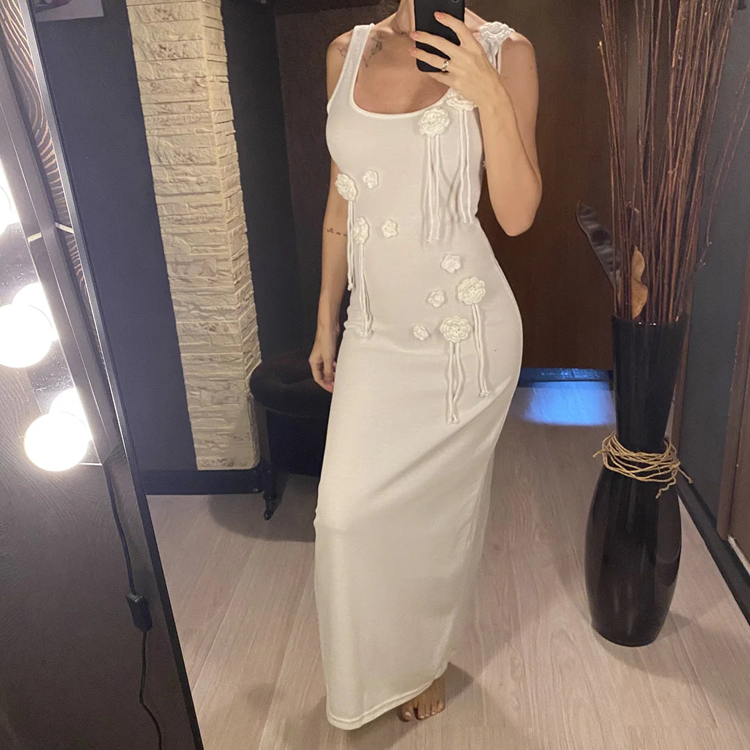 Beachwear Cover-ups Knitted Beach Dress Women Vacation Fashion 3D Flower Slim Holiday Outfits Summer Maxi Party Dresses V6181