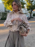Sweet Women Ruffles Plaid Purple Shirts 2025 Fashion Ladies Casual Stand Collar Blouses for Party Female Elegant Tops Clothes