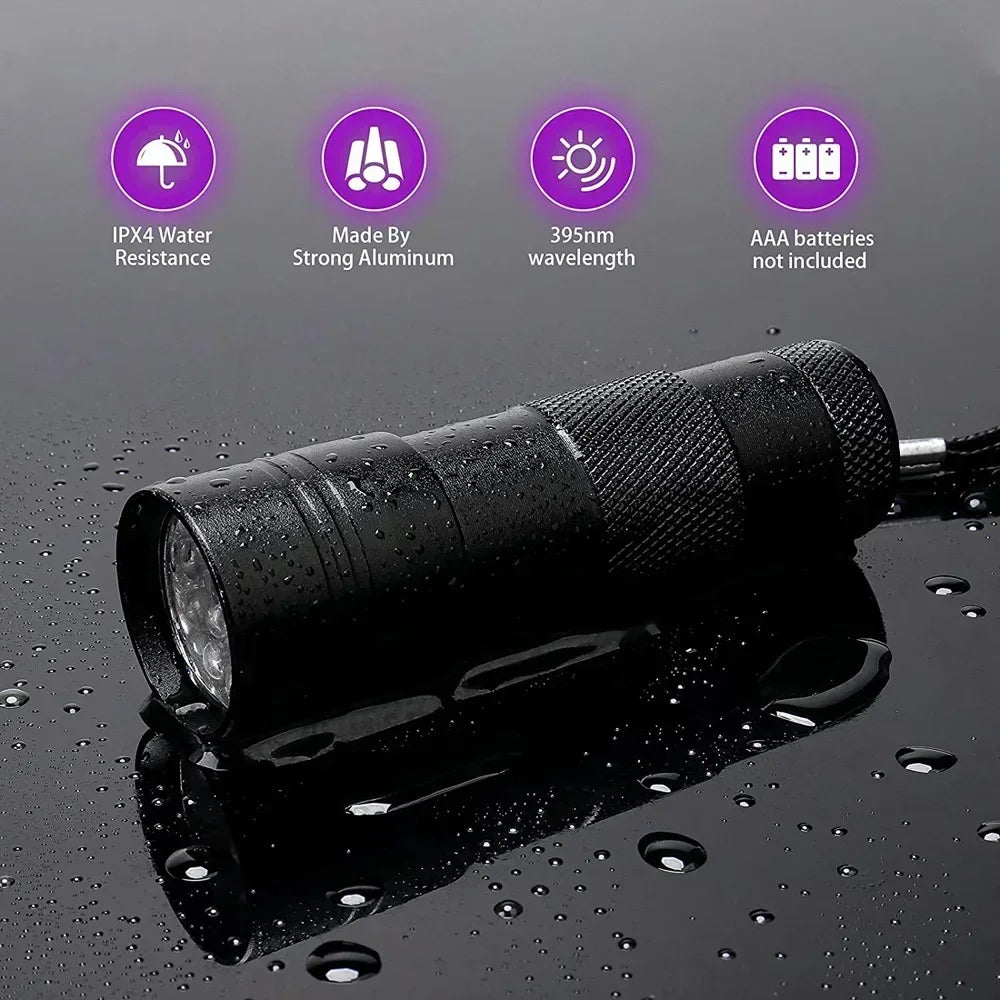 9/12 LED Protable UV Flashlight Black Light 395 NM Ultraviolet Torch Blacklight Detector for Dog Urine Pet Stain and Bed Bug