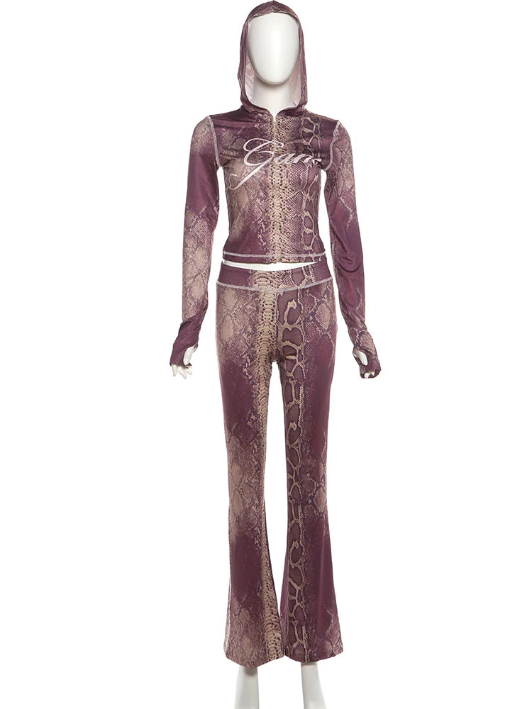 Weird Puss Letter Snake Print Tracksuit 2-Piece Set Women Patchwork Zip Jacket+Pants Matching Casual Stretch Streetwear Outfits