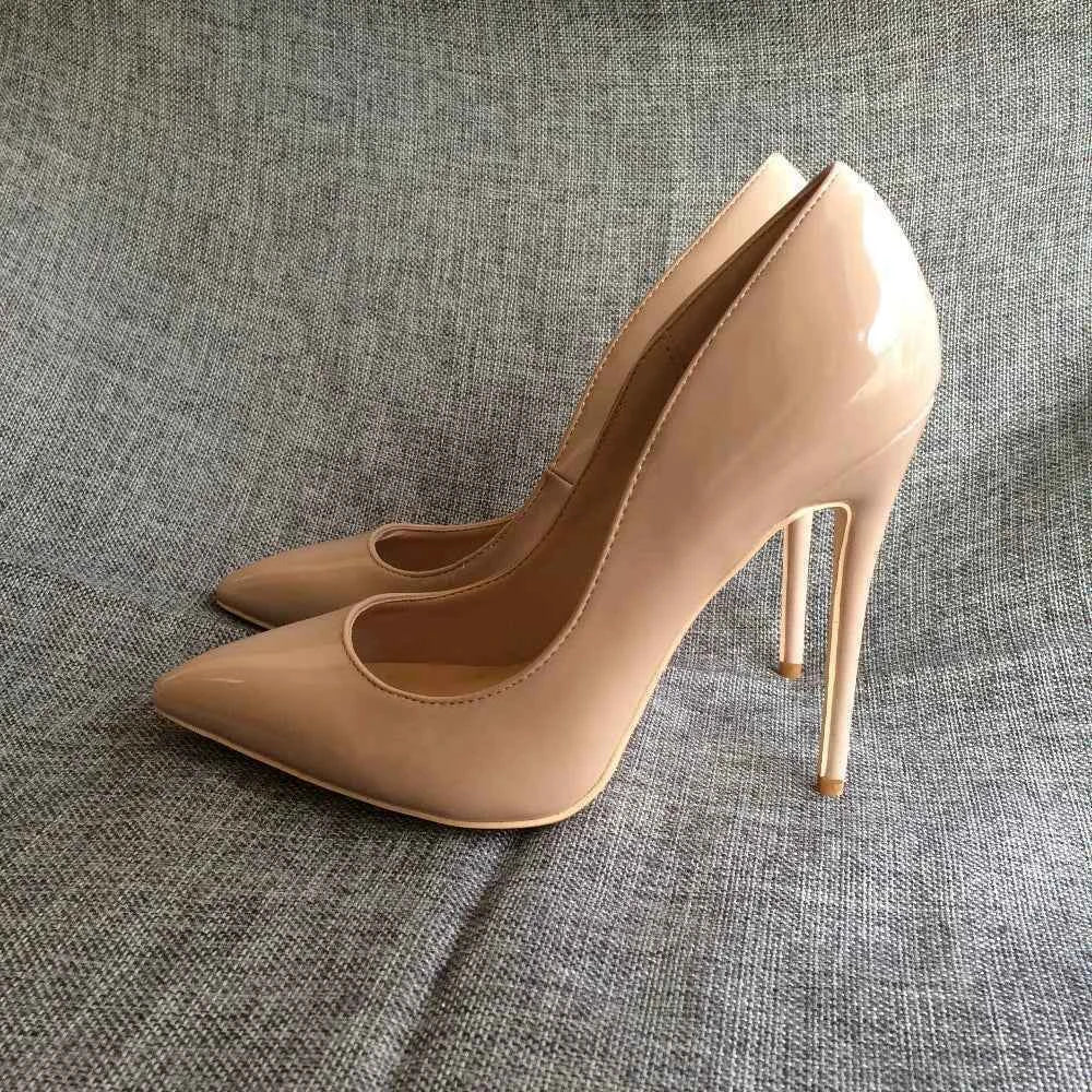 Tikicup Solid Nude Patent Women Pointy Toe Stiletto High Heels Slip On OL Wedding Party Dress Shoes Elegant Ladies Formal Pumps