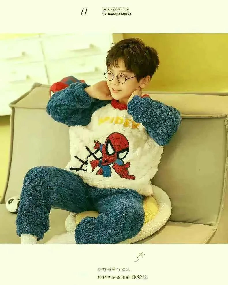 Winter Marvel Children Clothing Boys Sleepwear Set Flannel Thick Long Sleeve Warm Set Pajamas Two Pieces Kids Clothes