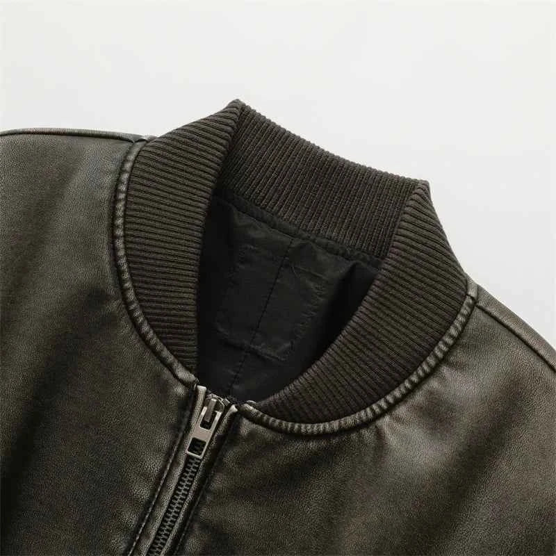 ZVRI Women's 2023 new vintage imitation leather bomber jacket coat top women's style