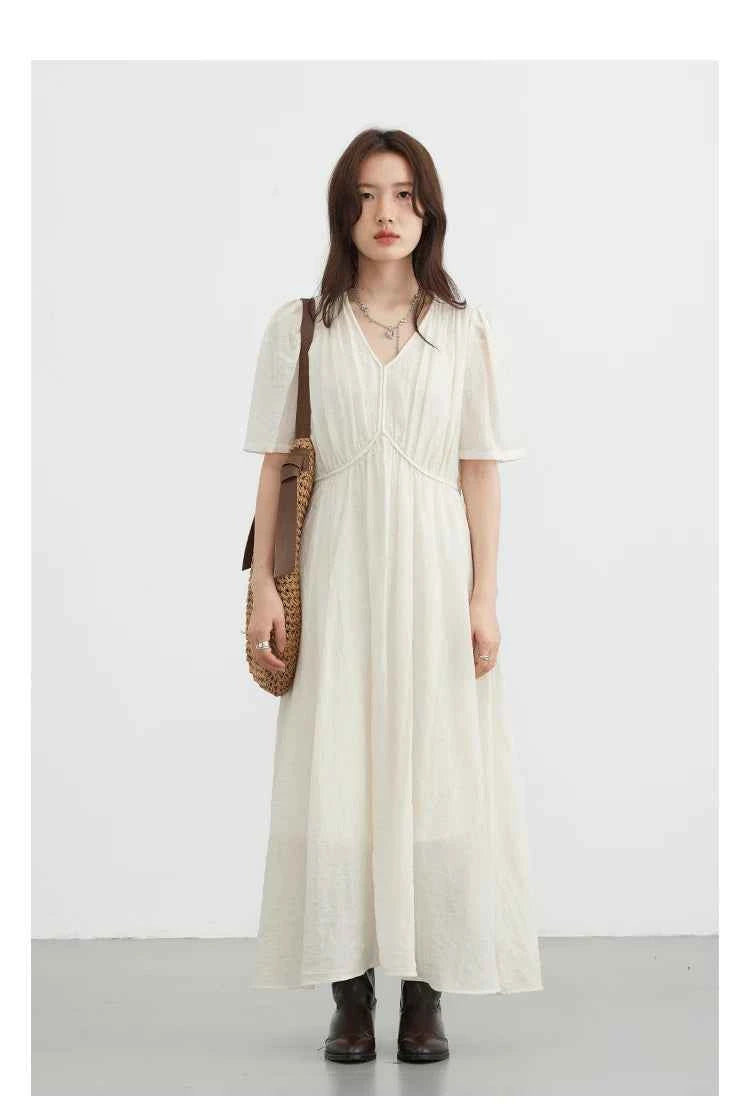 CHIC VEN Women Dresses French Style Vintage V-neck Puff Sleeve Long Dress Solid Black Loose Female Clothing Summer New 2023