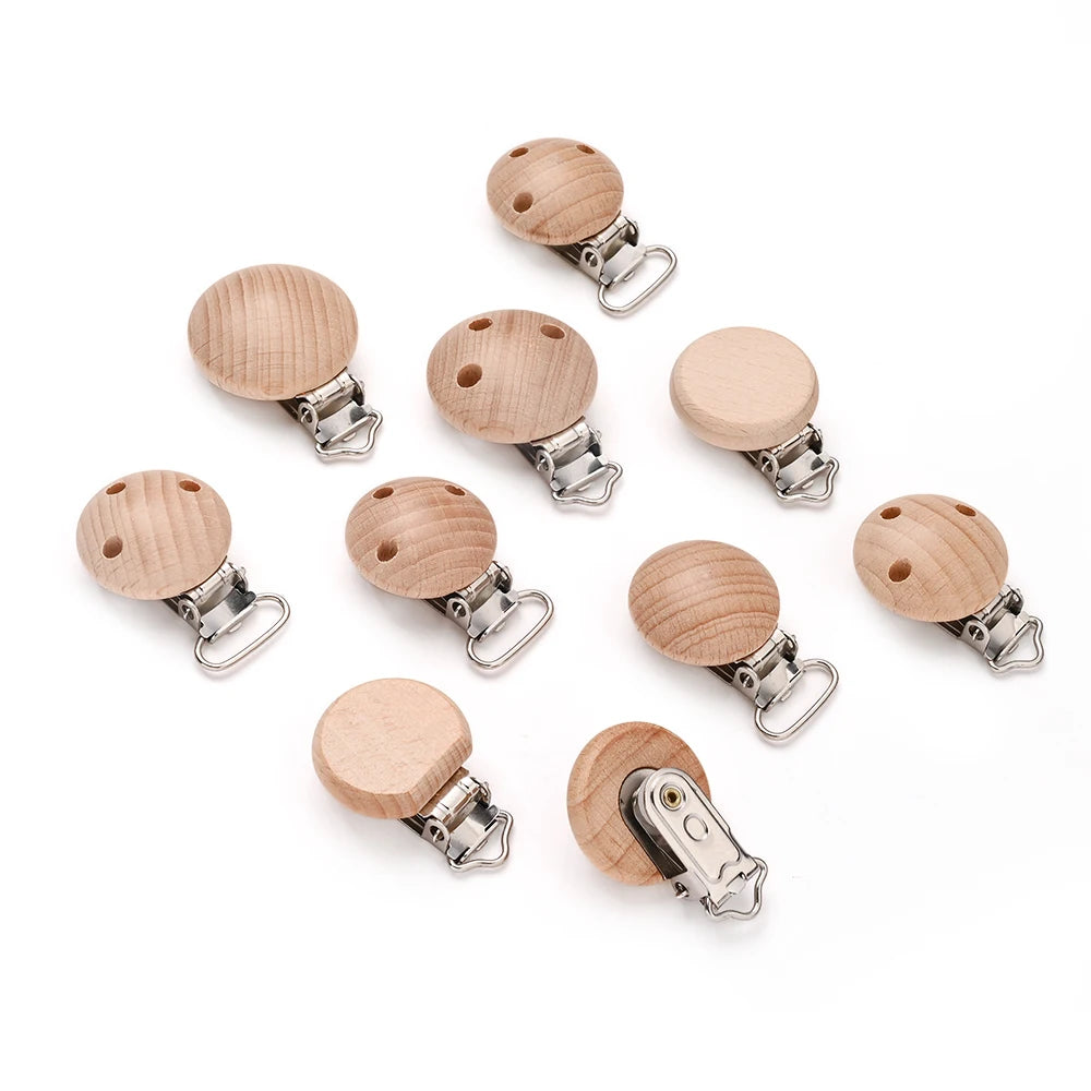 10Pcs Wooden Baby Pacifier Holder Metal Clip Beech Baby Pacifier Clips Chain Accessories Wooden Teether Toy BPA Free
