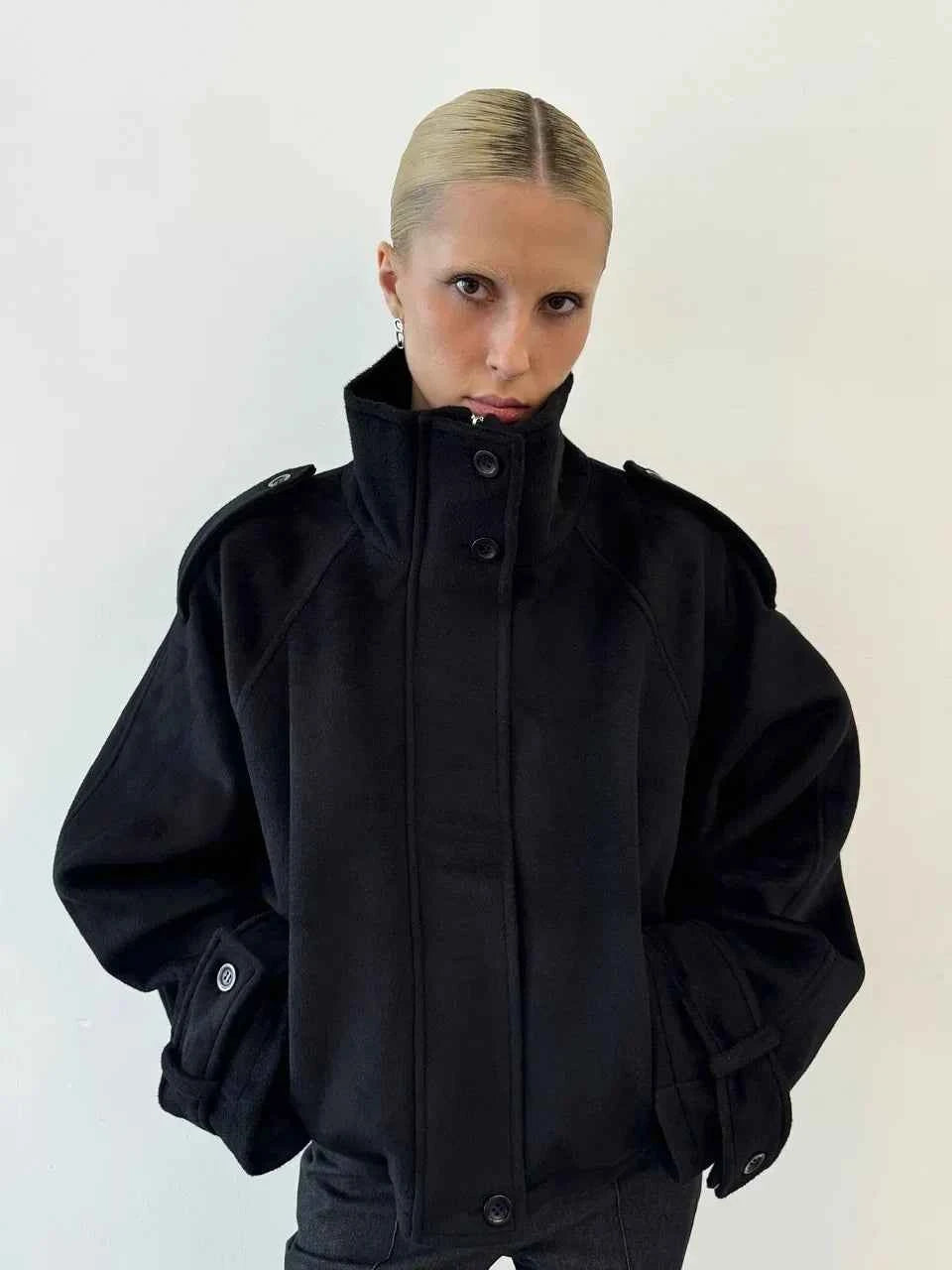 Elegant Women's Short Woolen Coats Stand Collar Double Breasted Long Sleeve Female Jacket 2025 Autumn Winter Lady Warm Outwear