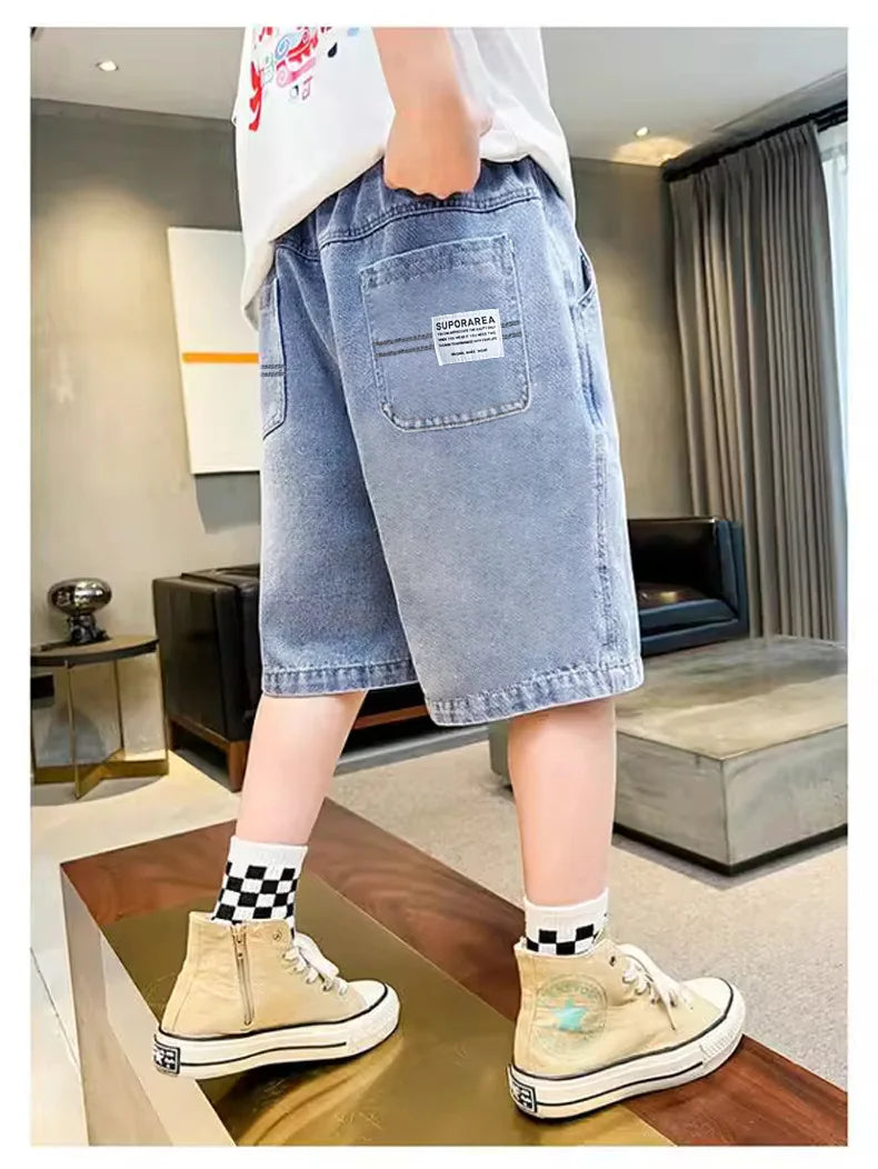 Teen Boys Denim Shorts 2026 New Summer Children Loose Wide Leg Knee Length Jean Pants Kid Casual Streetwear Elastic Waist Shorts