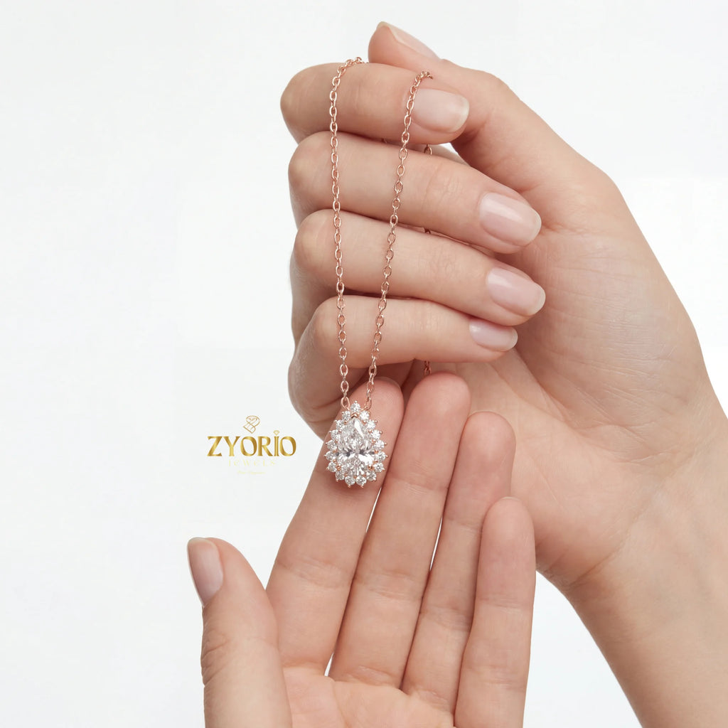 Gold Pear Halo Diamond Luxury Pendant with Sparkling Diamonds Elegant Timeless Design Link Chain for Wedding Party & Anniversary