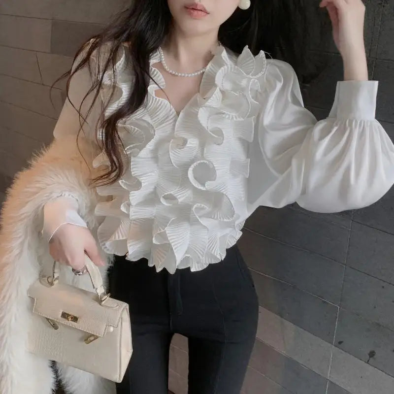 Temperament Lady Tops Blouses for Women V-neck Long Sleeve White Shirts 2025 Blusas Mujer De Moda Ruffles Loose Summer Blouse