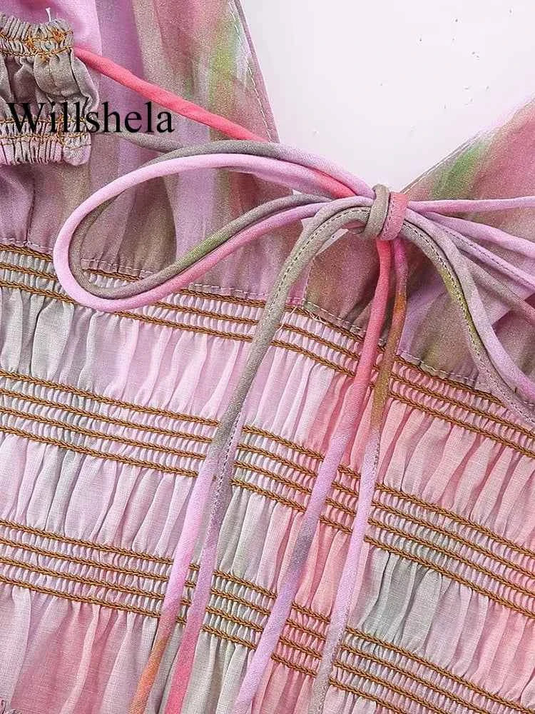 Willshela Women Fashion Printed Elastic Waist Backless Lace Up Midi Dress Vintage Thin Straps V-Neck Female Chic Lady Dresses