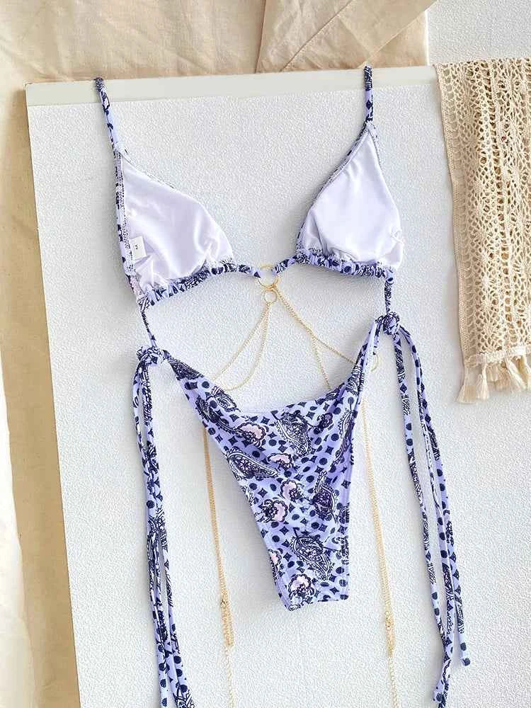 Sexy Triangle Chains Bikini Sets Micro Thongs Swimsuit Women Bathing Suit Biquini Bandage Beachwear Print Swimwear Thong Bikini