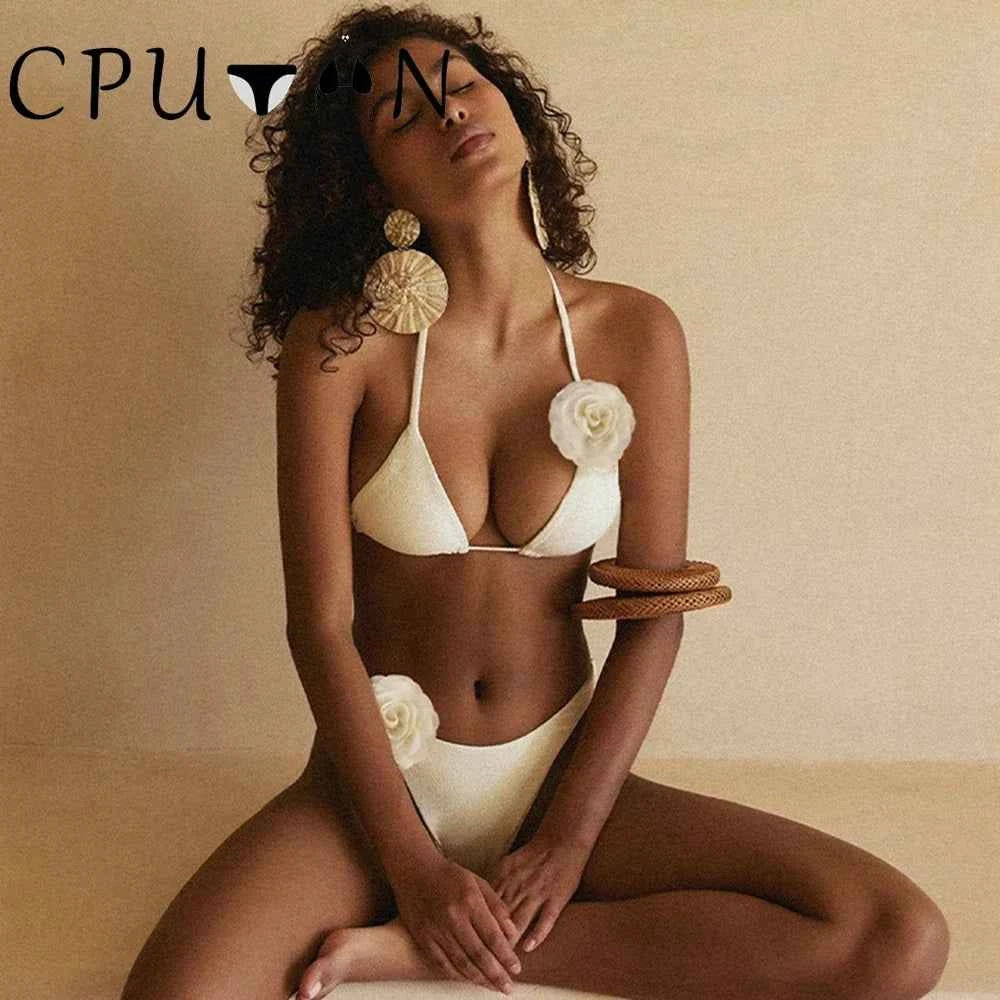 2026 New Sexy White 3D Flower Solid Two Piece Push Up Bikini Set Luxury Swimwear Women Swimsuit Beachwear Summer Bathing Suit