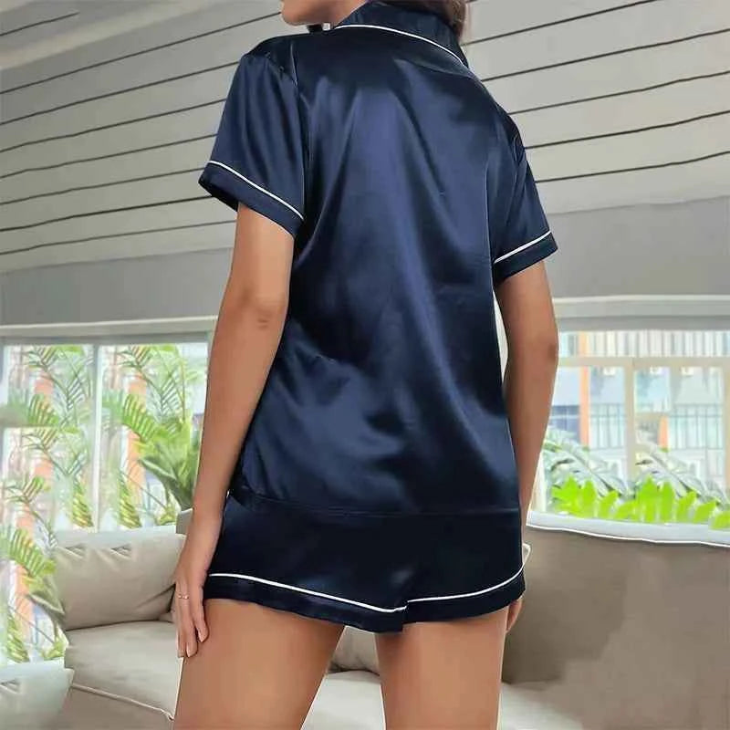 Summer Silk Satin Women Pajamas Set Button Down Top & Shorts 2 Pieces Sleepwear Notched Collar Nightwear Loungewear for Women
