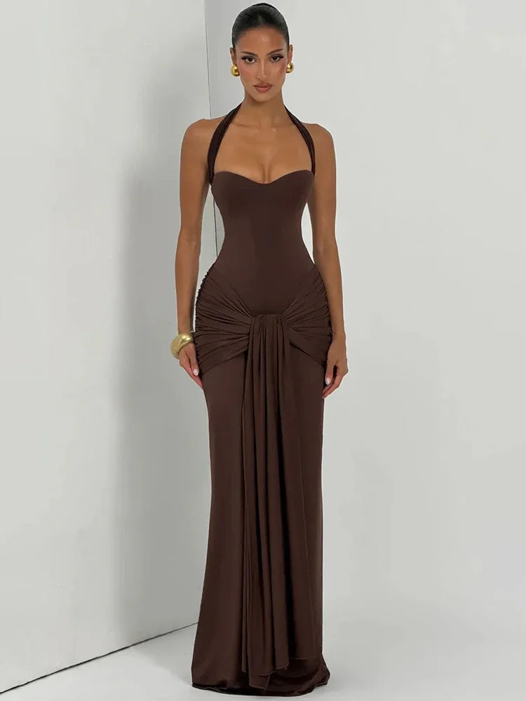 Sexy Backless Lace Up Halter Neck Maxi Dress Women Sleeveless Ruched Waist Draped Bodycon Dresses Party Evening Cocktail Robes