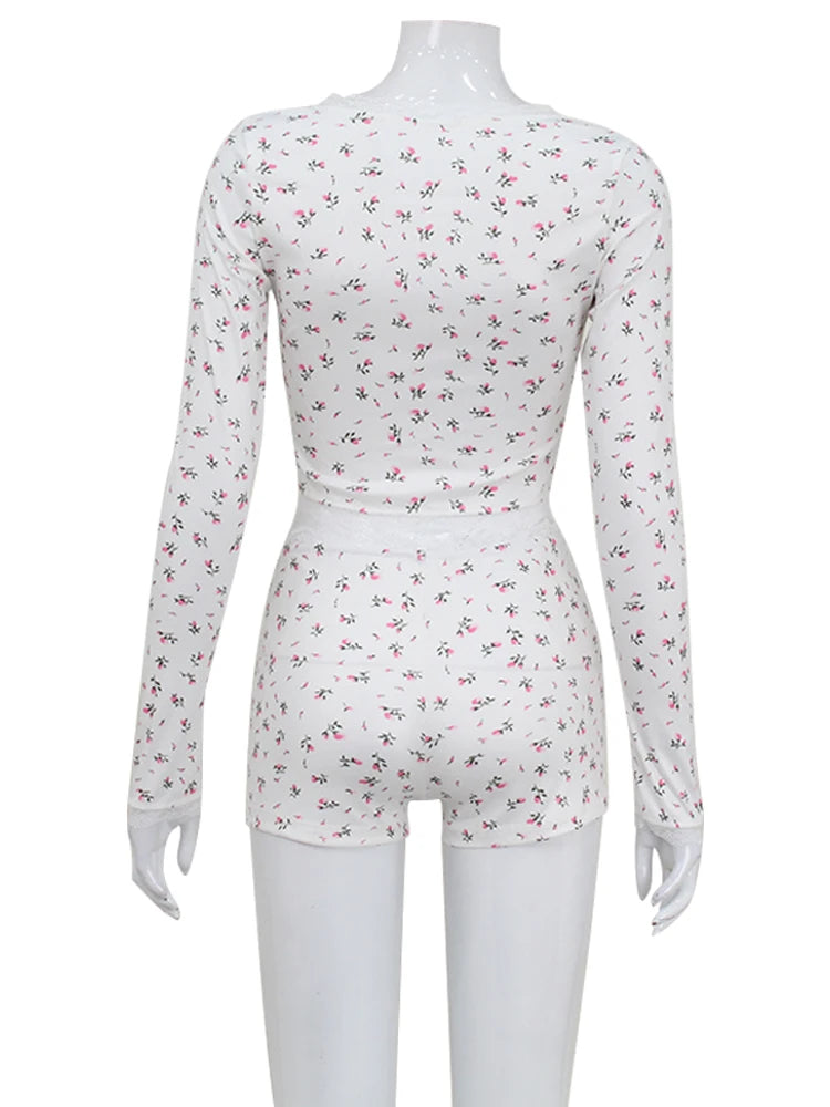Ahagaga Fashion Sexy Printed Tracksuits Women Sleepwear Regular Casual O-neck Slim Fit Skinny 2 pieces Suit Sets (Tops+ Shorts)