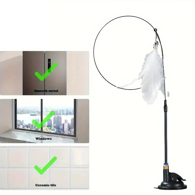 White Enhanced Color Cat Feather Teaser Wand With Bell And Suction Cup Base