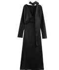 2026 New Scarf Solid Elegant Maxi Dresses Women Spring V Neck Long Sleeve Club Party Long Dress Female Chic Slim Fit Dresses