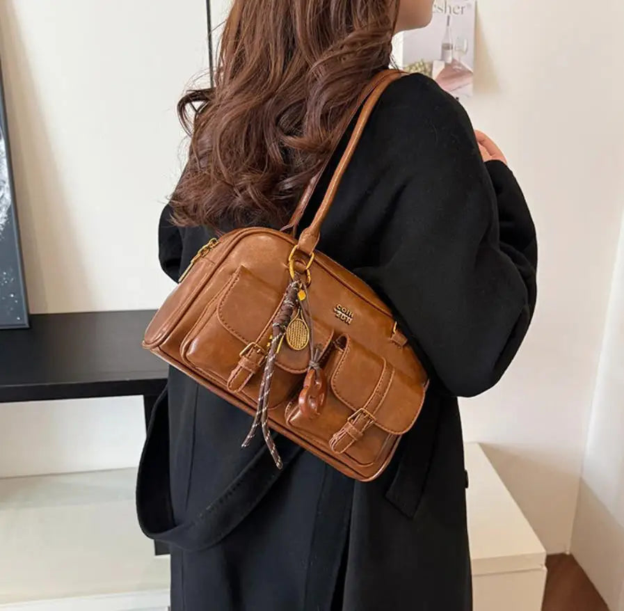 Women Multi Pocket Shoulder Tote Bag with Golden-Tone Hardware & Letter, Stylish Handbag Purse for Travel, Work, Shopping, Dates