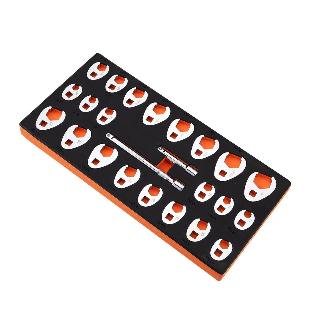 24-Piece 3/8\" Drive Crowfoot Wrench Set with 2 Extensions SAE 3/8\"-1\" Metric 10-22 mm CR-MO St Material
