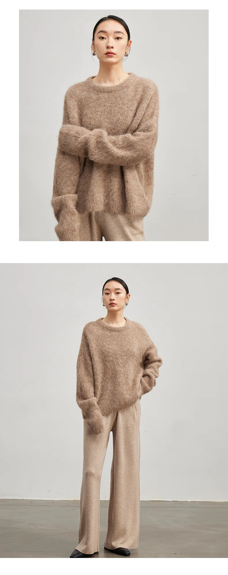 SuyaDream Warm Alpaca Pullovers for Woman, Dropped Sleeved Loose Sweaters, 2025 Fall Winter Top, Camel, Beige