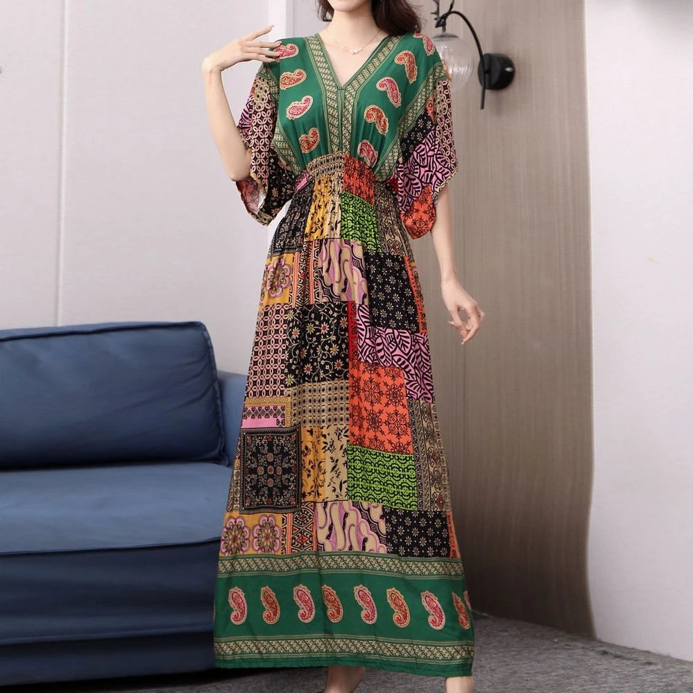 Colorful Flower V-neck Elastic Youthful Bohemian Sweet Midi Dress Woman Clothes Chic Fashion Summer Dresses 2025 Large Swing Ski
