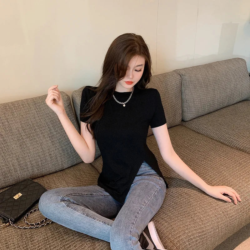 Korean Solid Slit Design Short Sleeve Tee Summer Y2K Streetwear Sexy Top New American Fashion All-match Top for Women