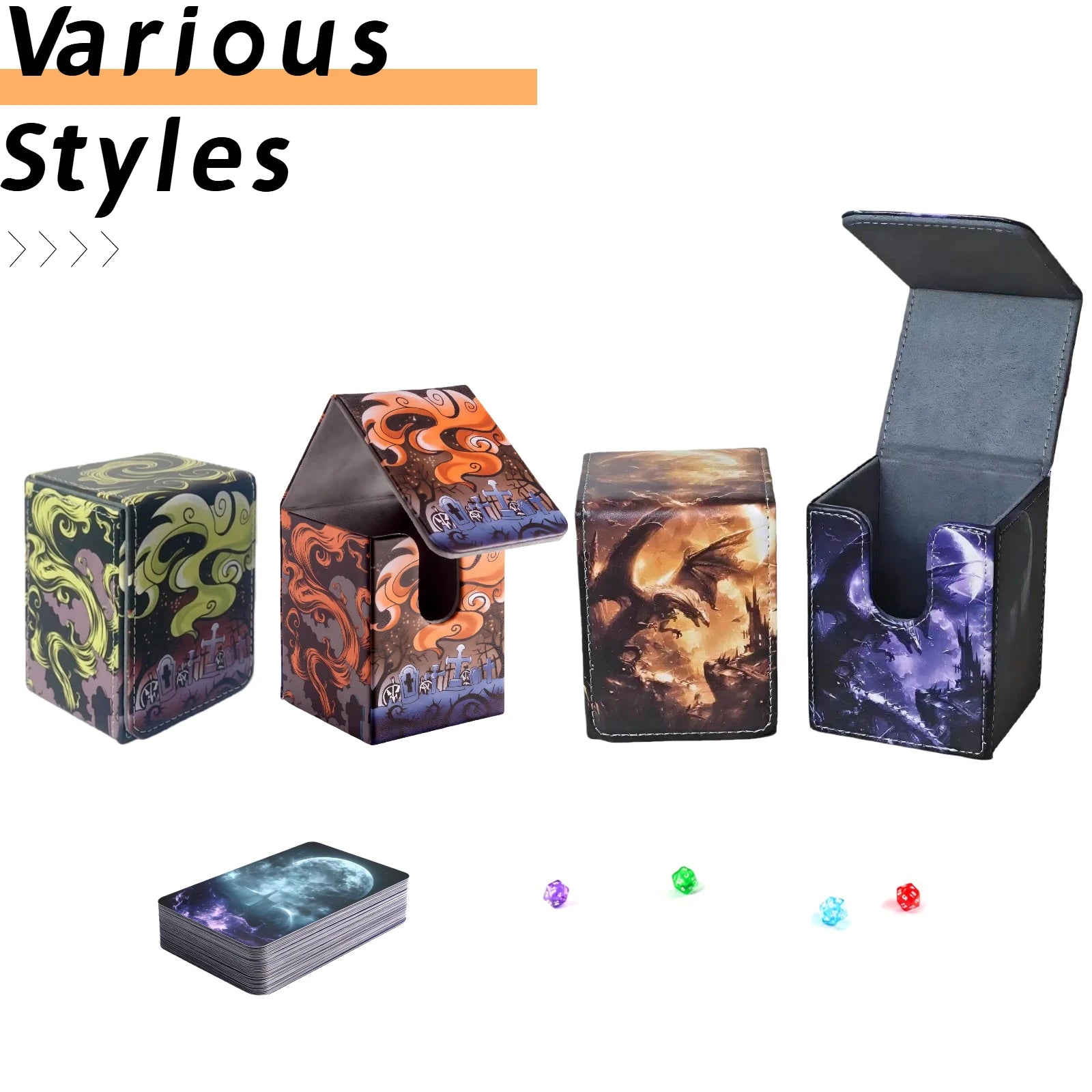Premium Pu Leather Card Box Compatible with Mtg Cards - Can Hold More Than 100 Single Set Cards, Trading Card Storage Box Suitable for Tcg/Ptcg/Ygo Cards, Sports Card Holder with 2 Dividers, 4 Designs to Choose From, Card Org