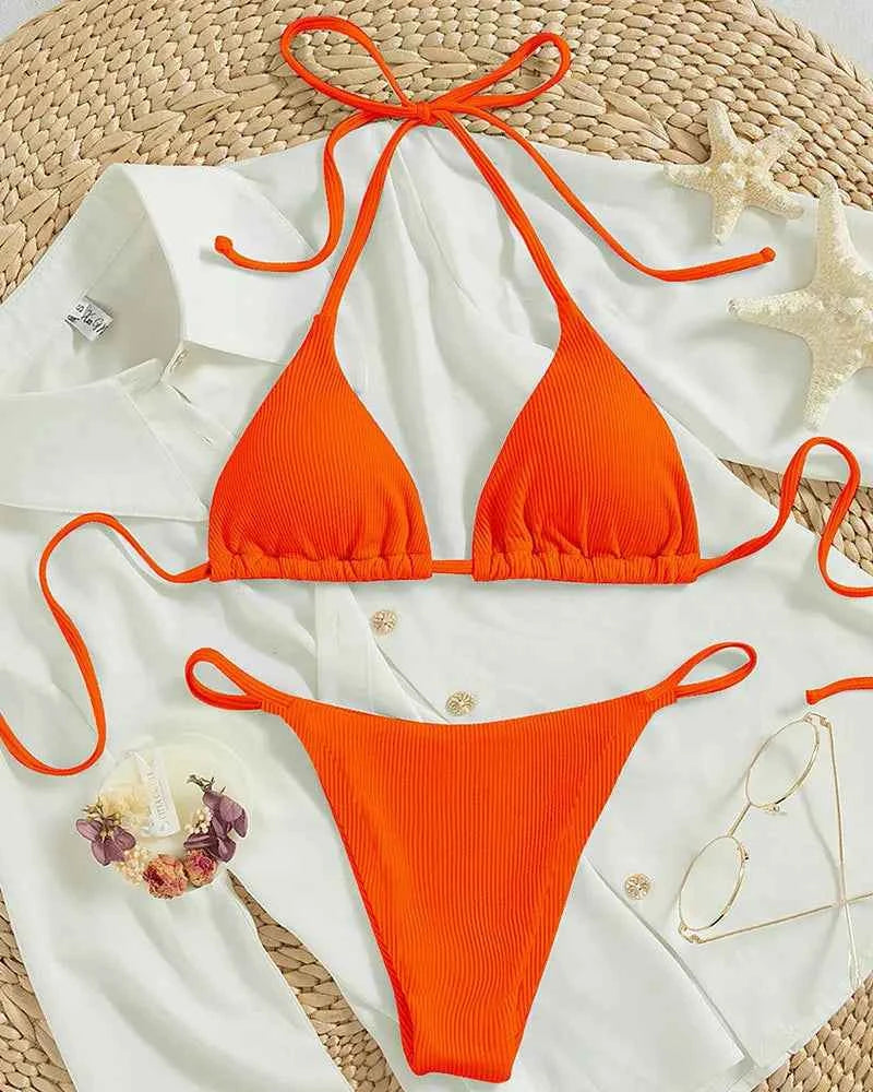 2025 Special Pit Stripe Fabric Bikini Set Women Sexy Simple Solid Halter Bikini Swimsuit High Waisted Lace Up Beach Bathing Suit